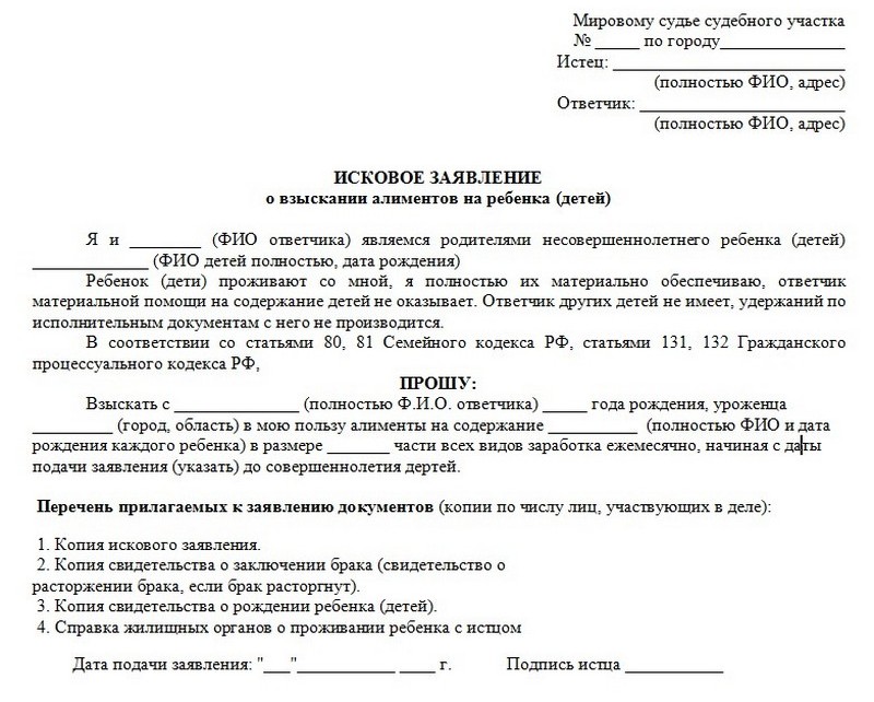 Образец искового заявления на алименты, Новосибирск